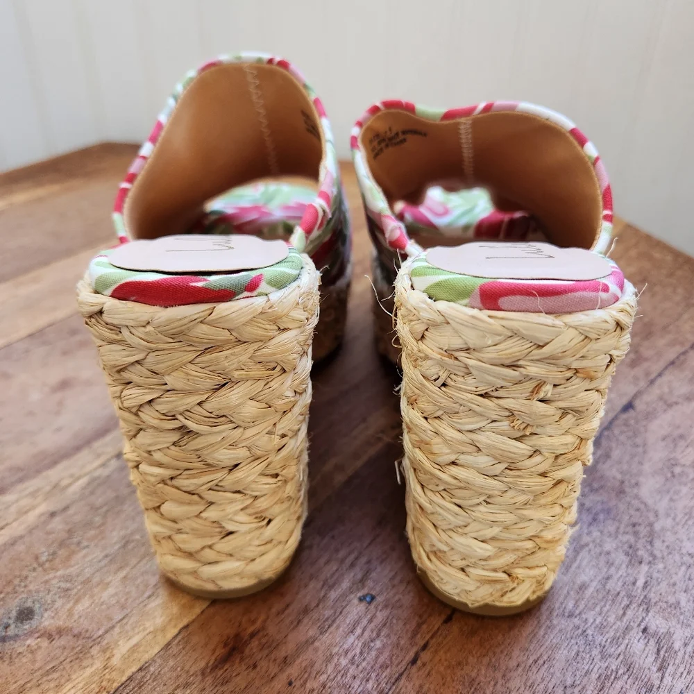 LULUS Ervyn Paradise Tropical Print Raffia Espadrille Platform Slide Sandals 7.5